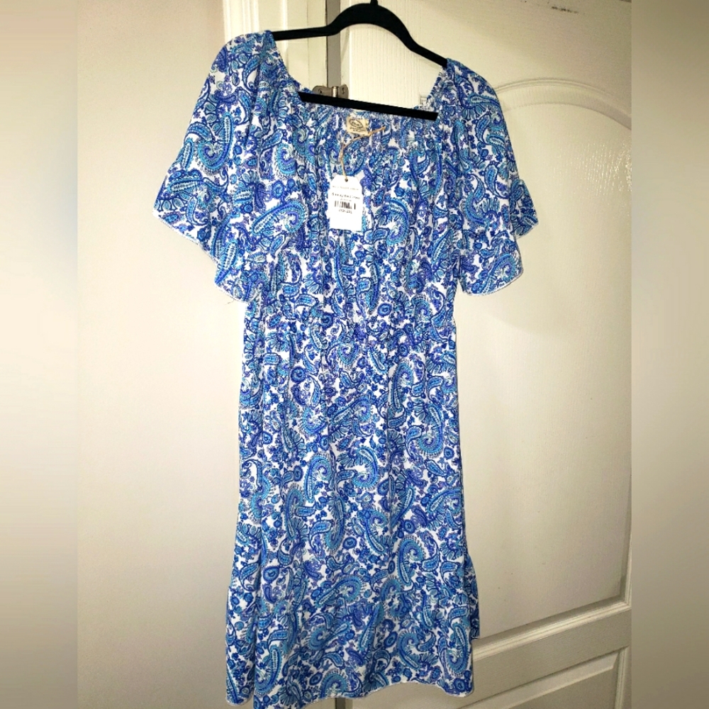 Grace & Emma"Sunday's Best" Blue Paisley On/Off Shoulder Dress Size 2X - Picture 3 of 8